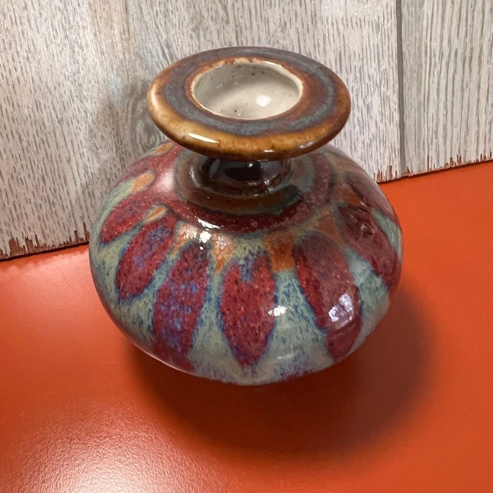 Quality‎ small pottery vase blues and pinks and teals, signed Vintage
